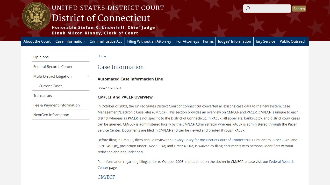 Case Information | District of Connecticut | United States District Court